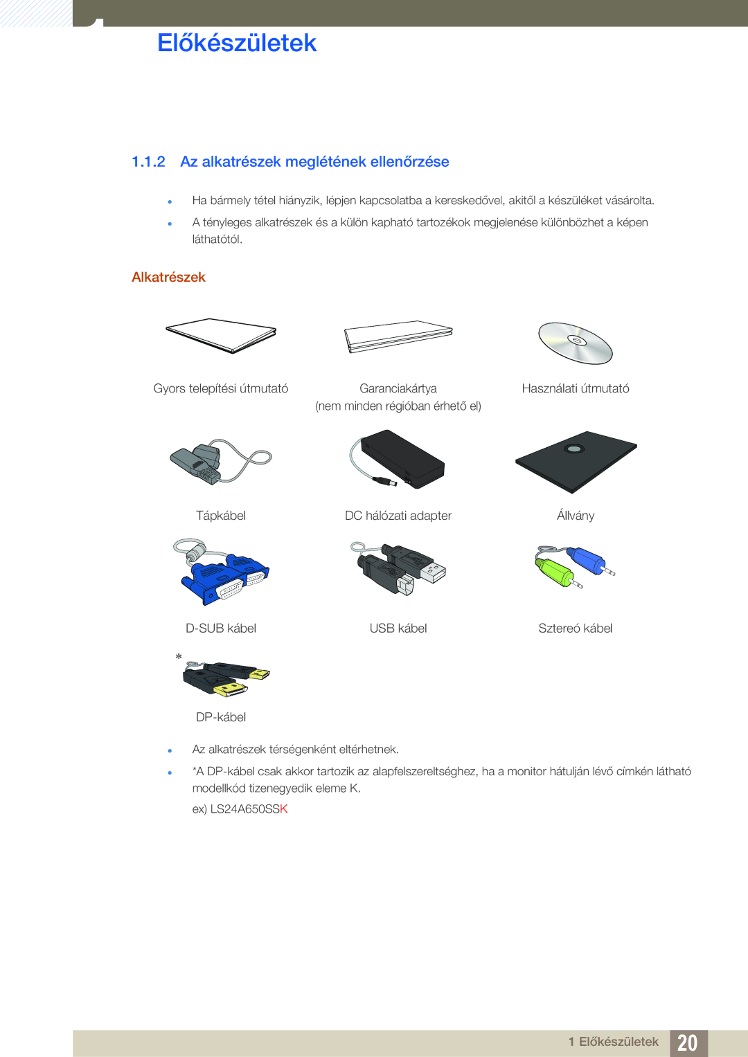 Samsung LS24A650SE/EN manual Az alkatrészek meglétének ellenőrzése, Alkatrészek 