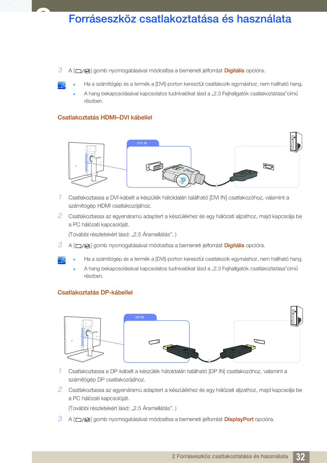 Samsung LS24A650SE/EN manual Csatlakoztatás HDMI-DVI kábellel, Csatlakoztatás DP-kábellel 