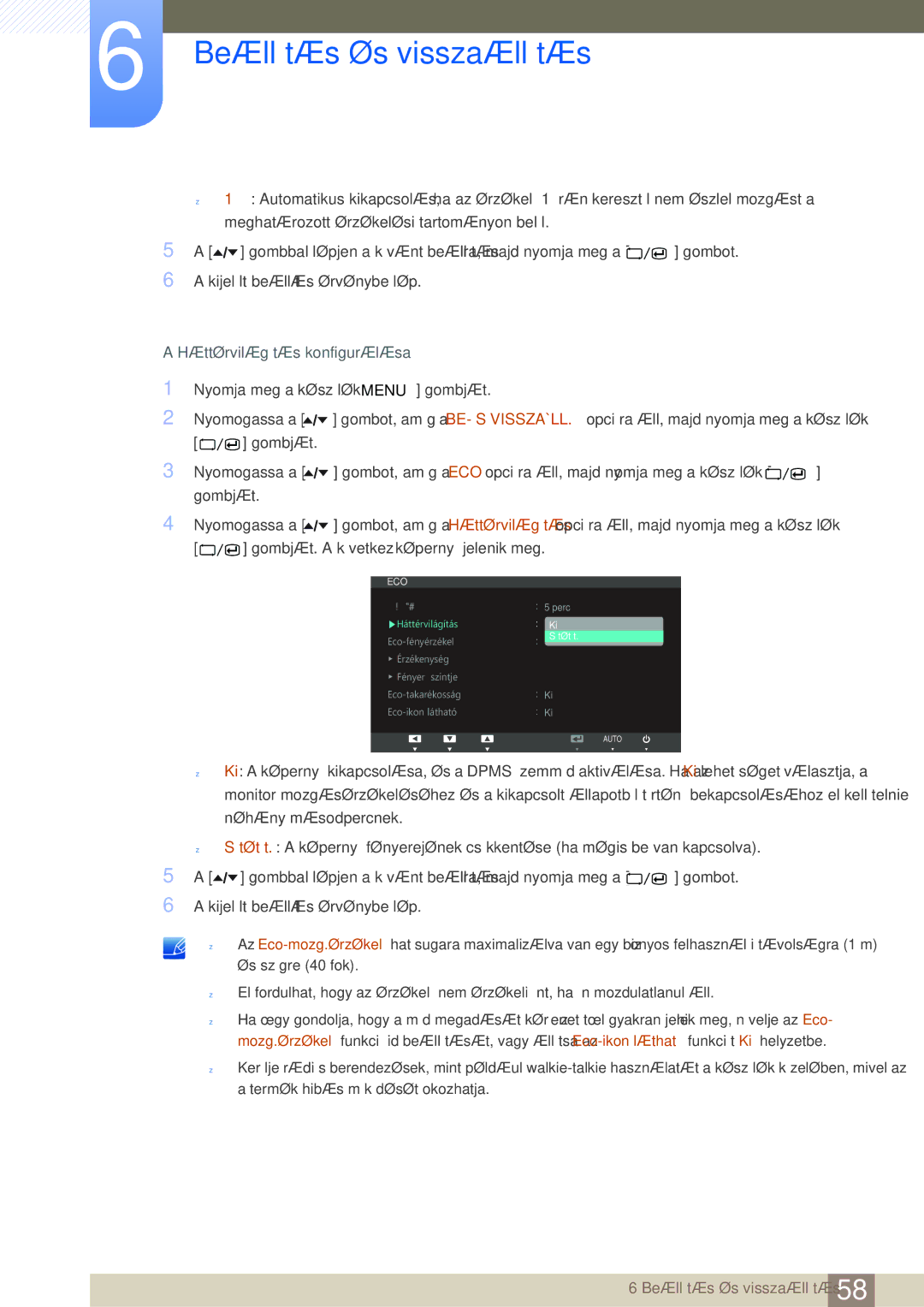 Samsung LS24A650SE/EN manual Háttérvilágítás konfigurálása 