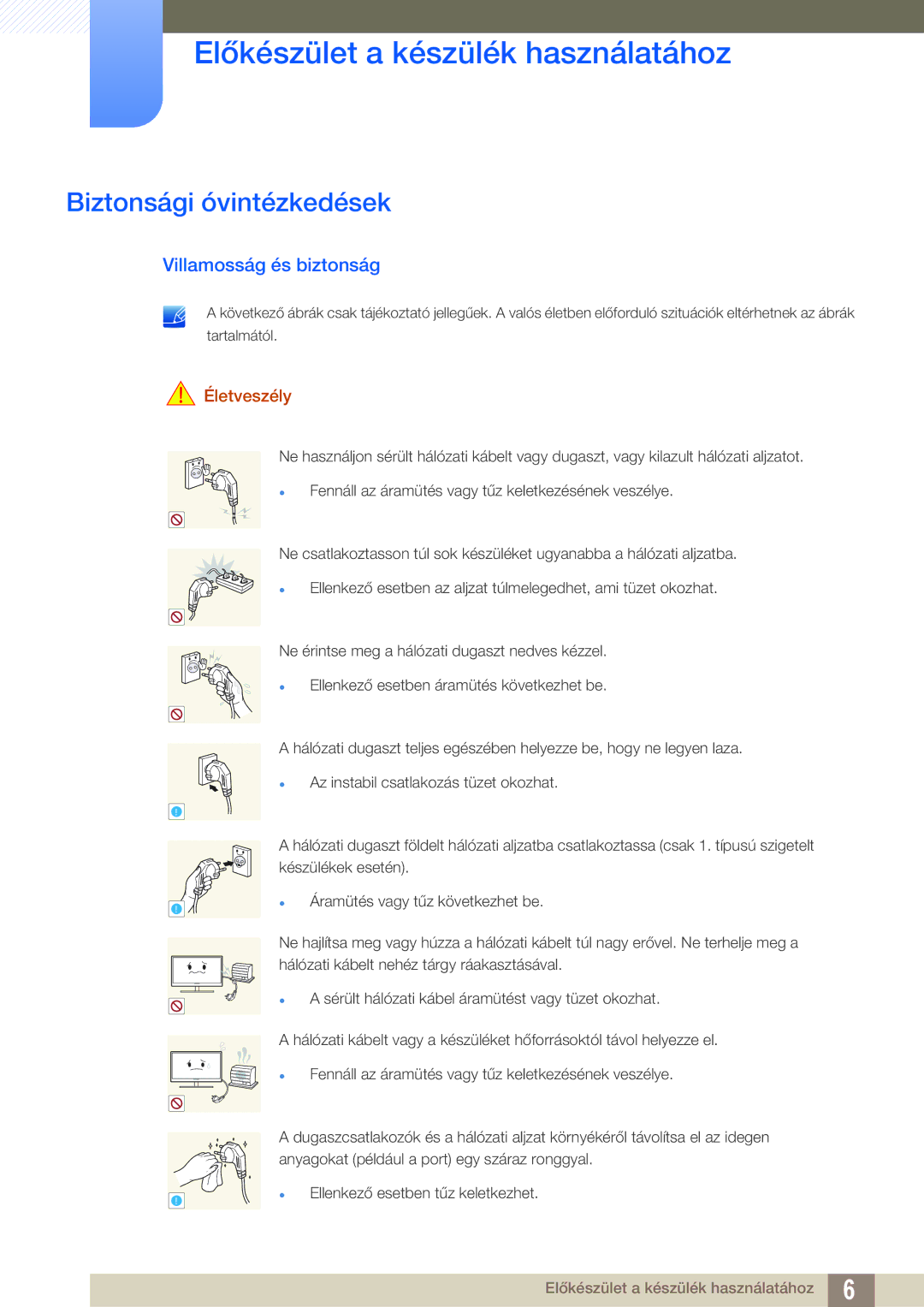 Samsung LS24A650SE/EN manual Biztonsági óvintézkedések, Villamosság és biztonság, Életveszély 