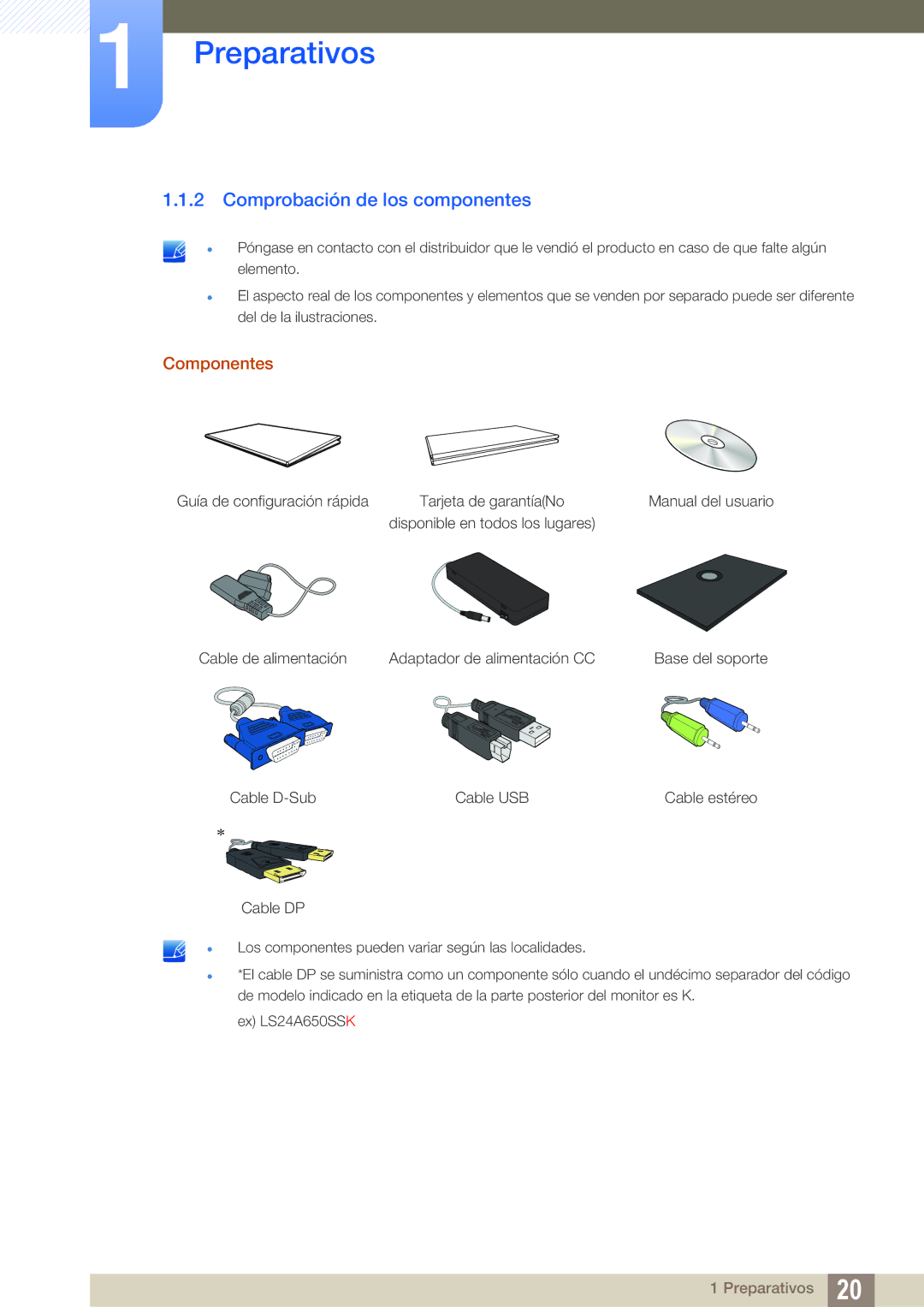 Samsung LS24A650SS/EN manual Comprobación de los componentes, Componentes 