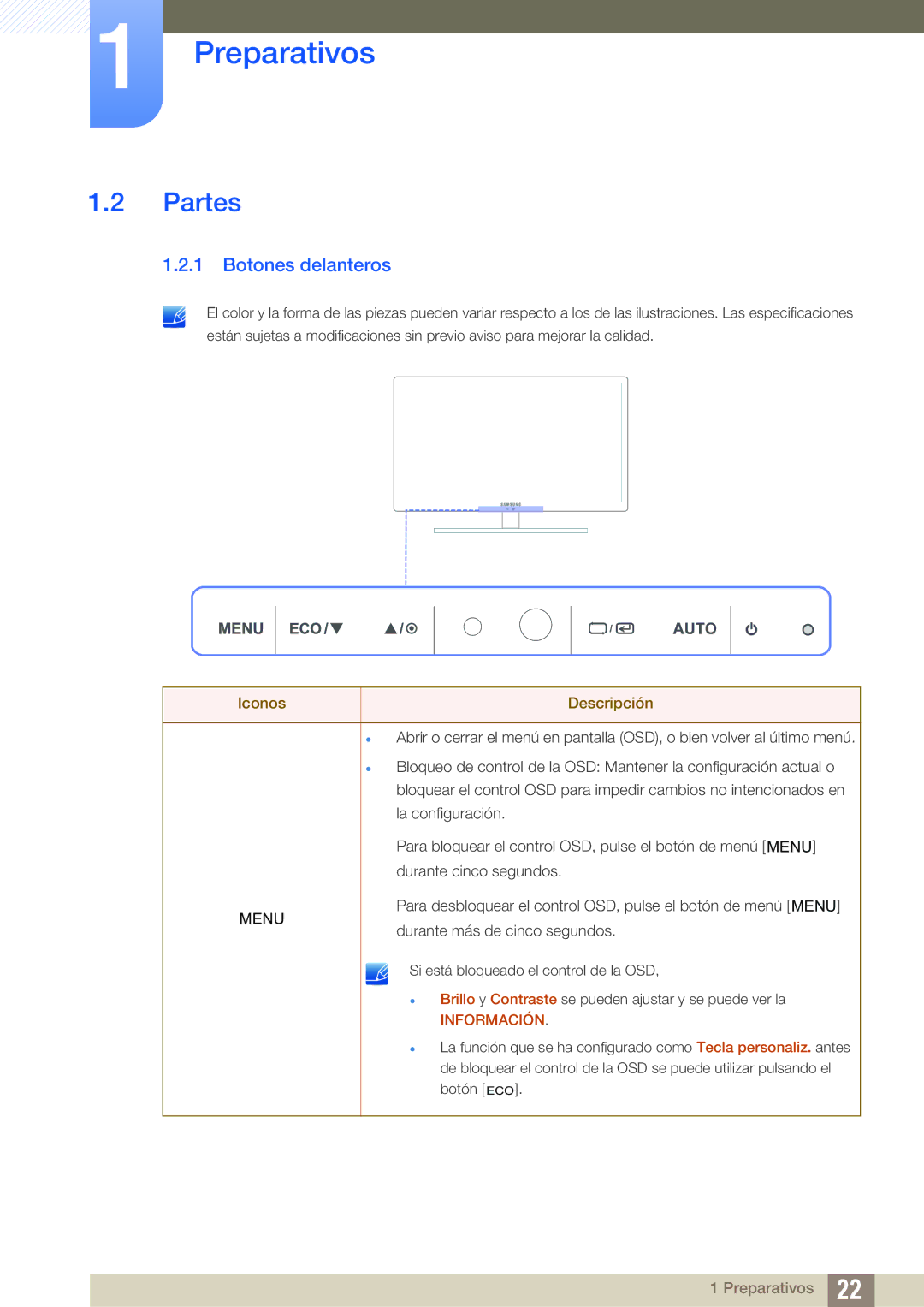 Samsung LS24A650SS/EN manual Partes, Botones delanteros 