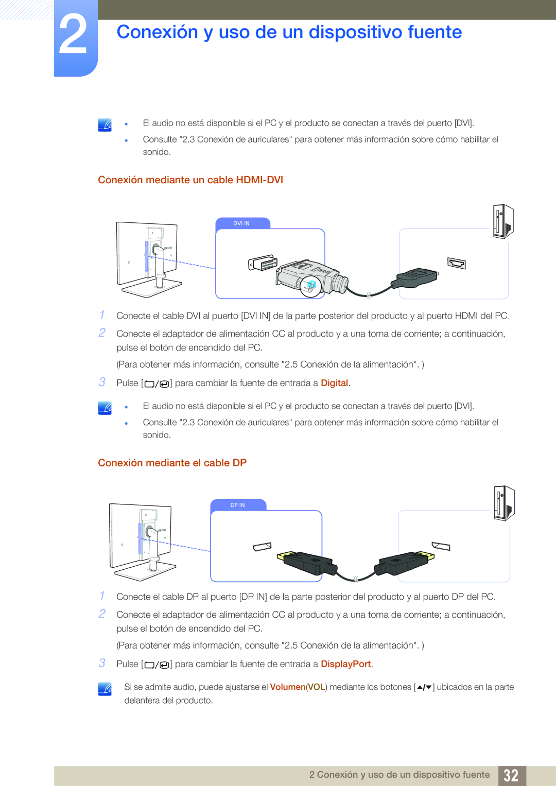 Samsung LS24A650SS/EN manual Conexión mediante un cable HDMI-DVI, Conexión mediante el cable DP 