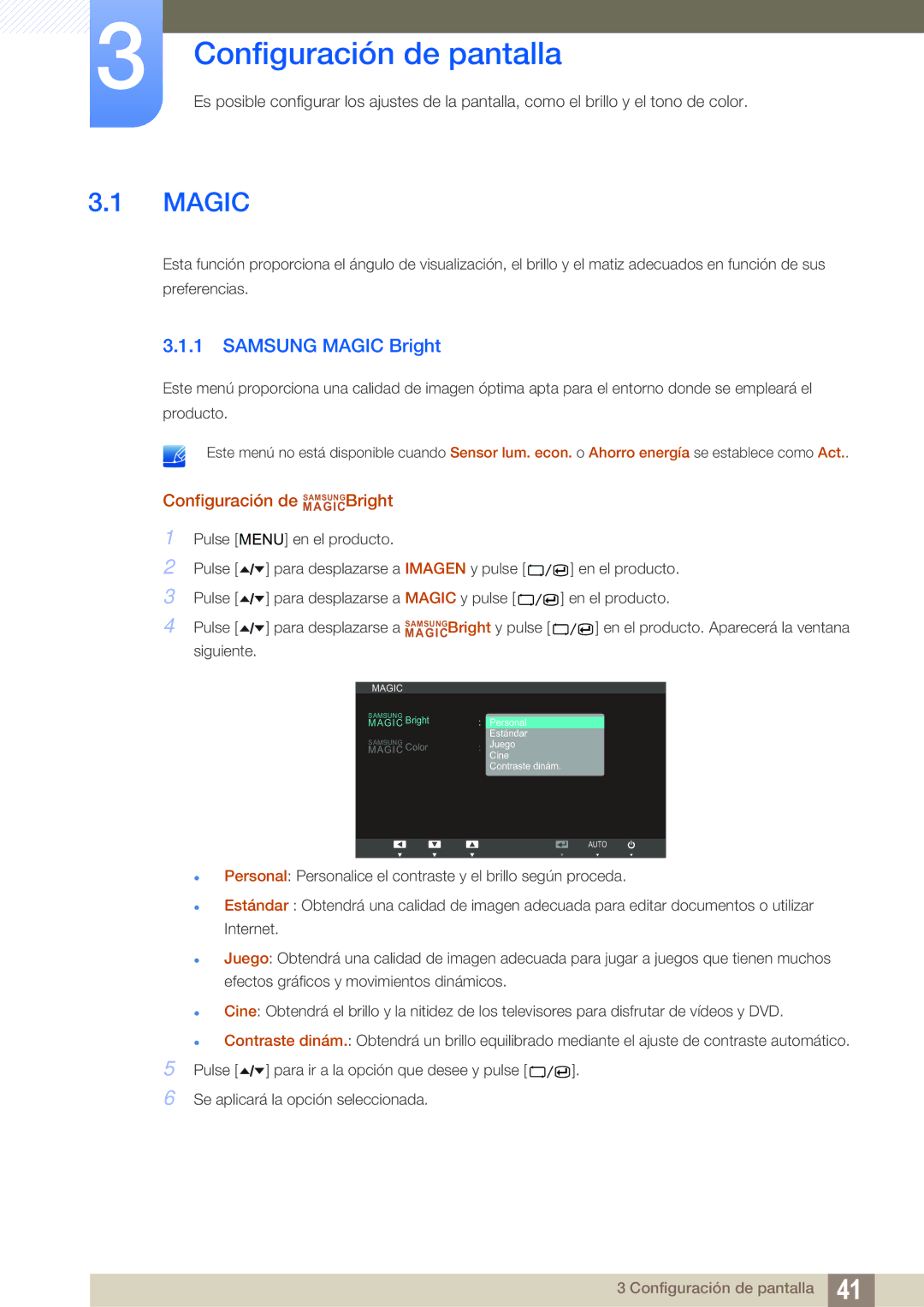 Samsung LS24A650SS/EN manual Configuración de pantalla, Samsung Magic Bright, Configuración de MAGICSAMSUNGBright 