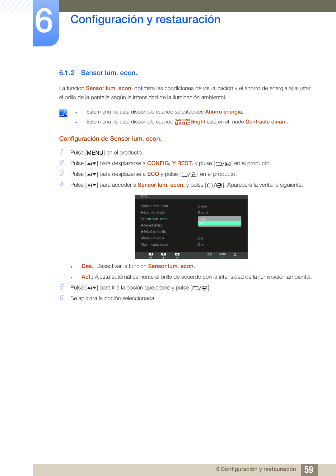 Samsung LS24A650SS/EN manual Configuración de Sensor lum. econ 