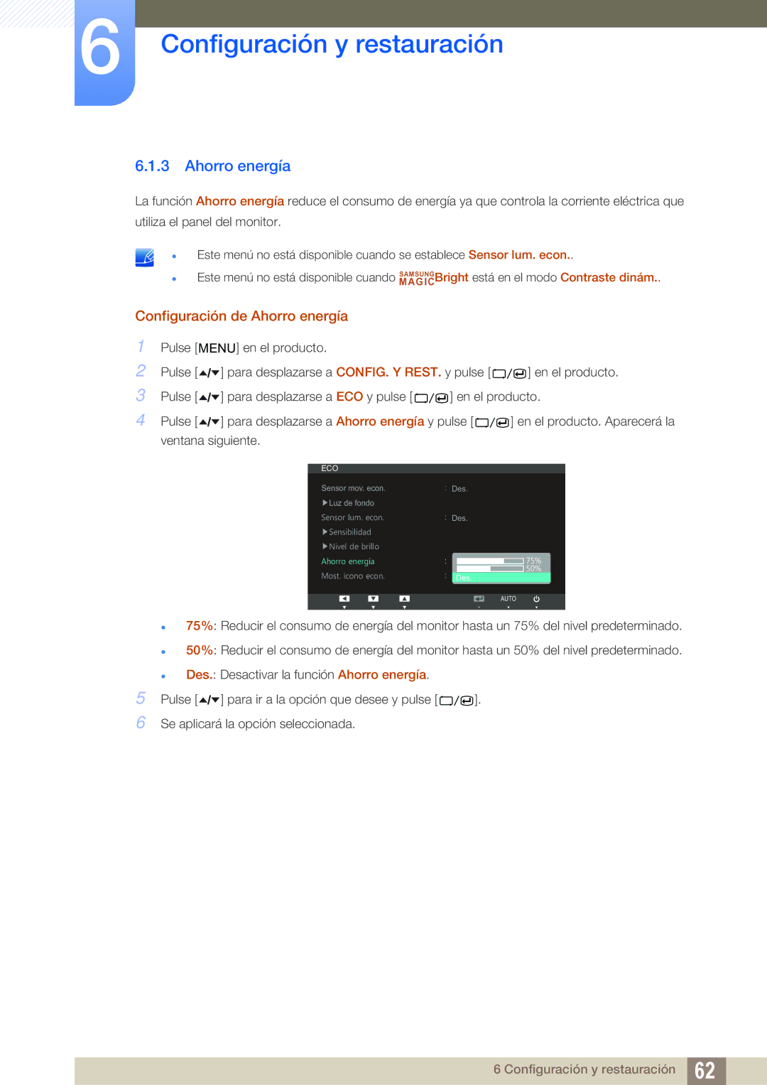 Samsung LS24A650SS/EN manual Configuración de Ahorro energía 