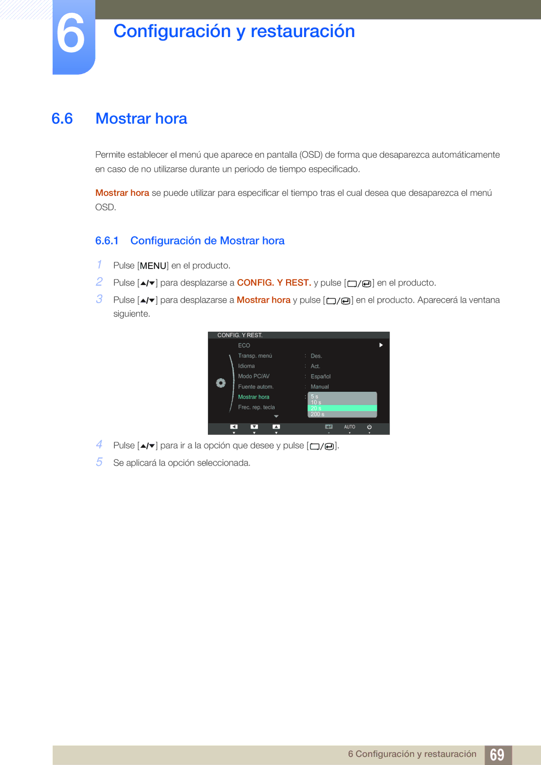 Samsung LS24A650SS/EN manual Configuración de Mostrar hora 