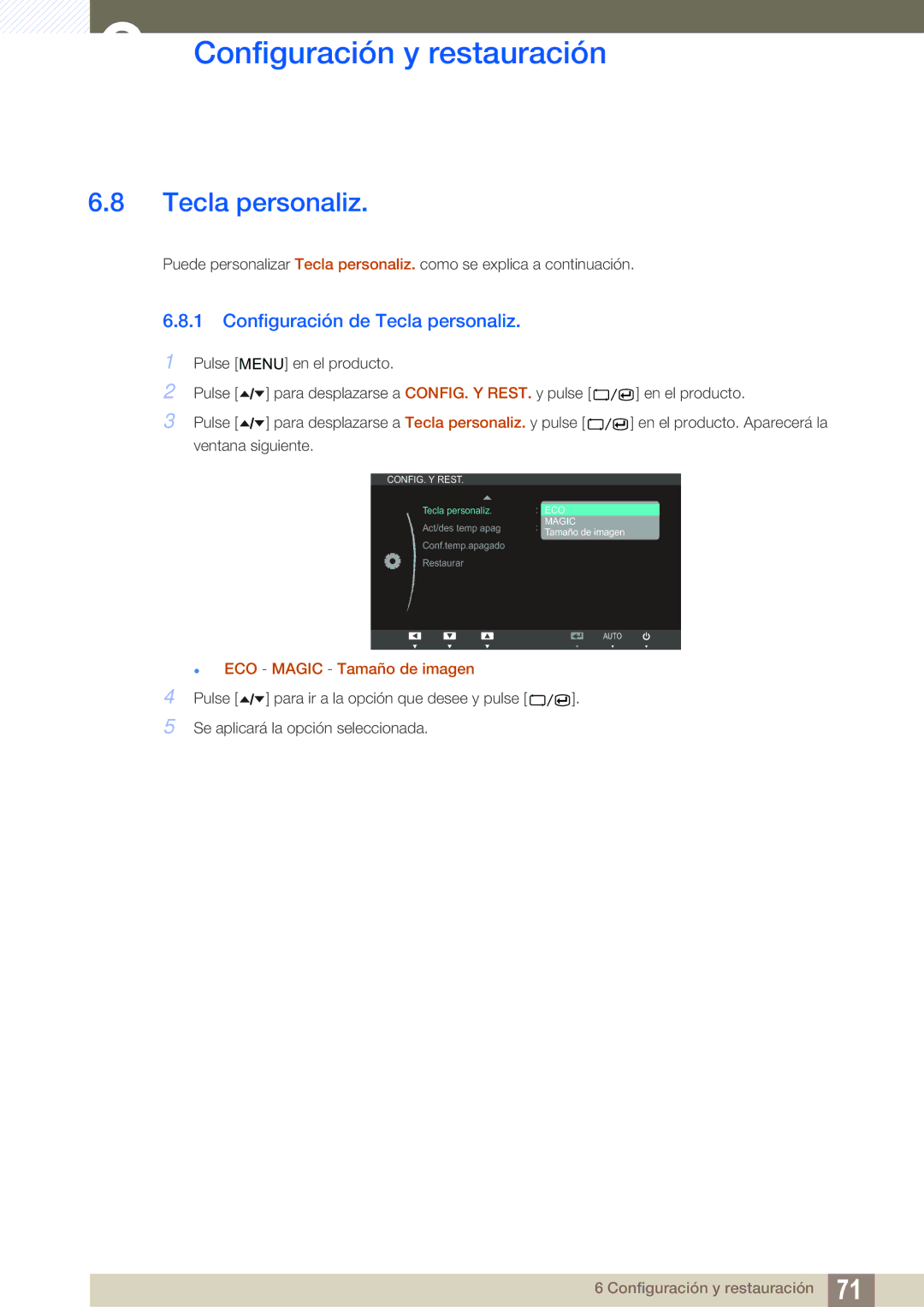 Samsung LS24A650SS/EN manual Configuración de Tecla personaliz 