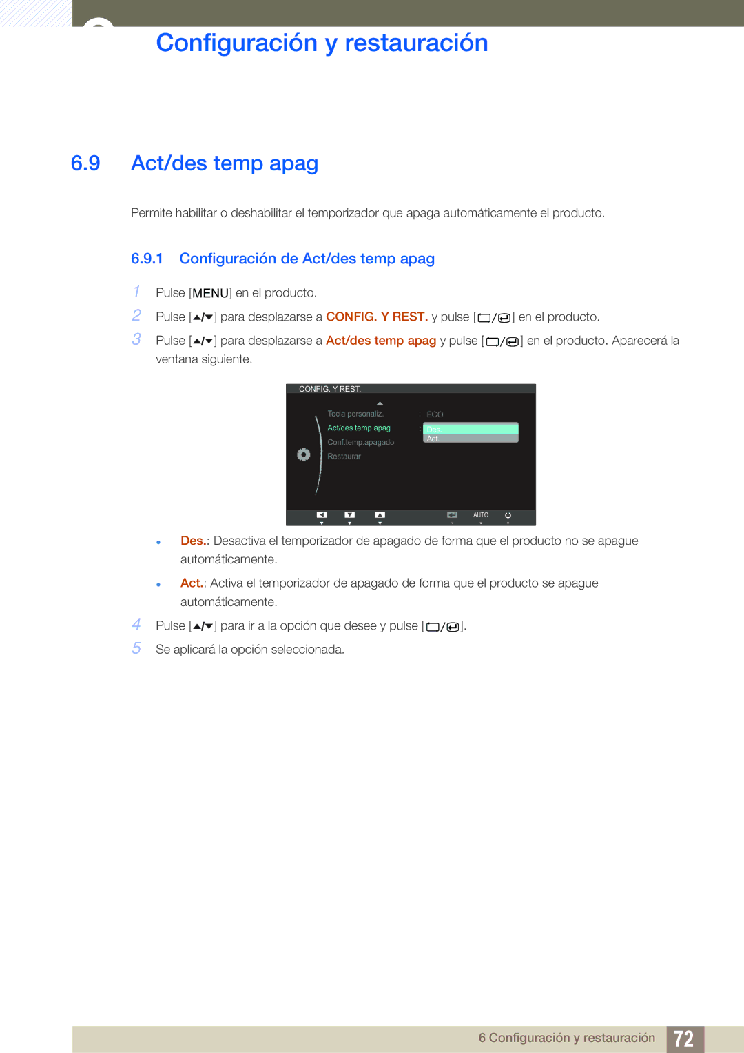 Samsung LS24A650SS/EN manual Configuración de Act/des temp apag 