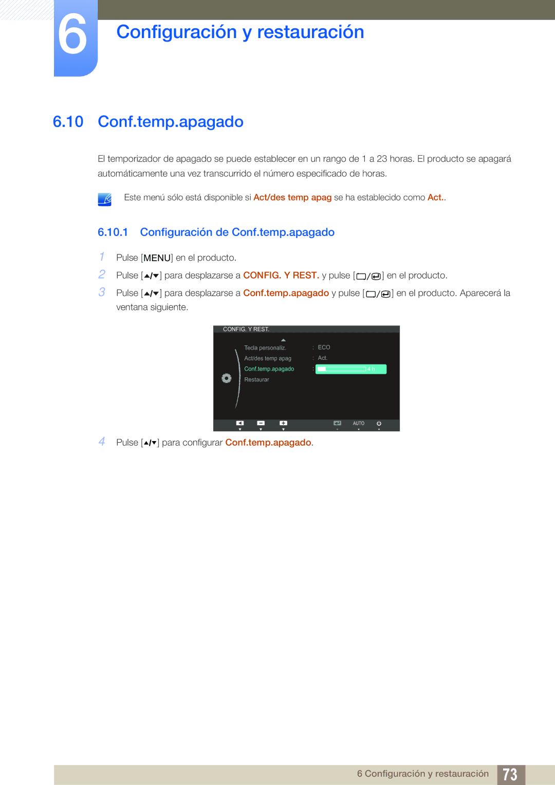 Samsung LS24A650SS/EN manual Configuración de Conf.temp.apagado 