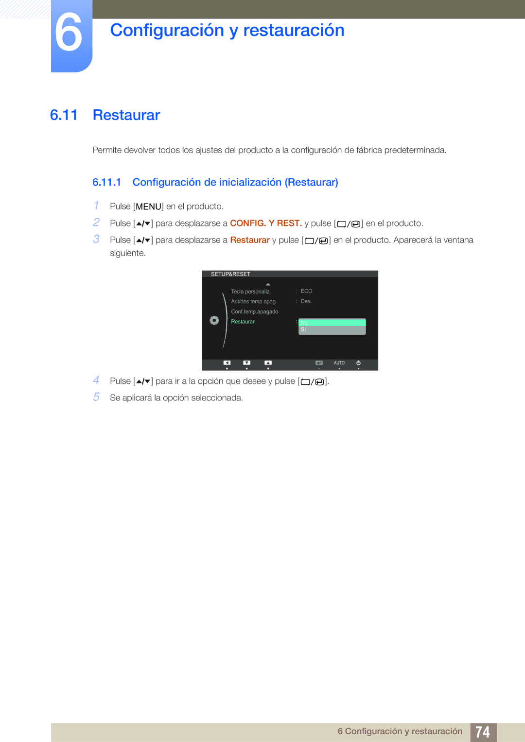 Samsung LS24A650SS/EN manual Configuración de inicialización Restaurar 