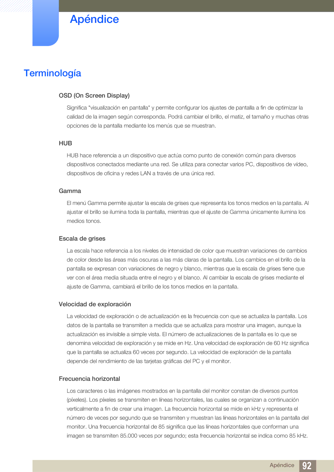 Samsung LS24A650SS/EN manual Terminología, OSD On Screen Display 