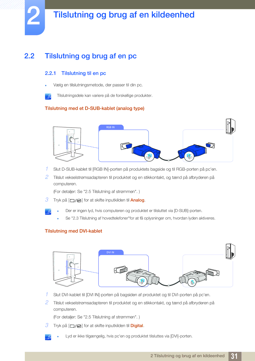 Samsung LS24A650SS/EN Tilslutning og brug af en pc, Tilslutning til en pc, Tilslutning med et D-SUB-kablet analog type 