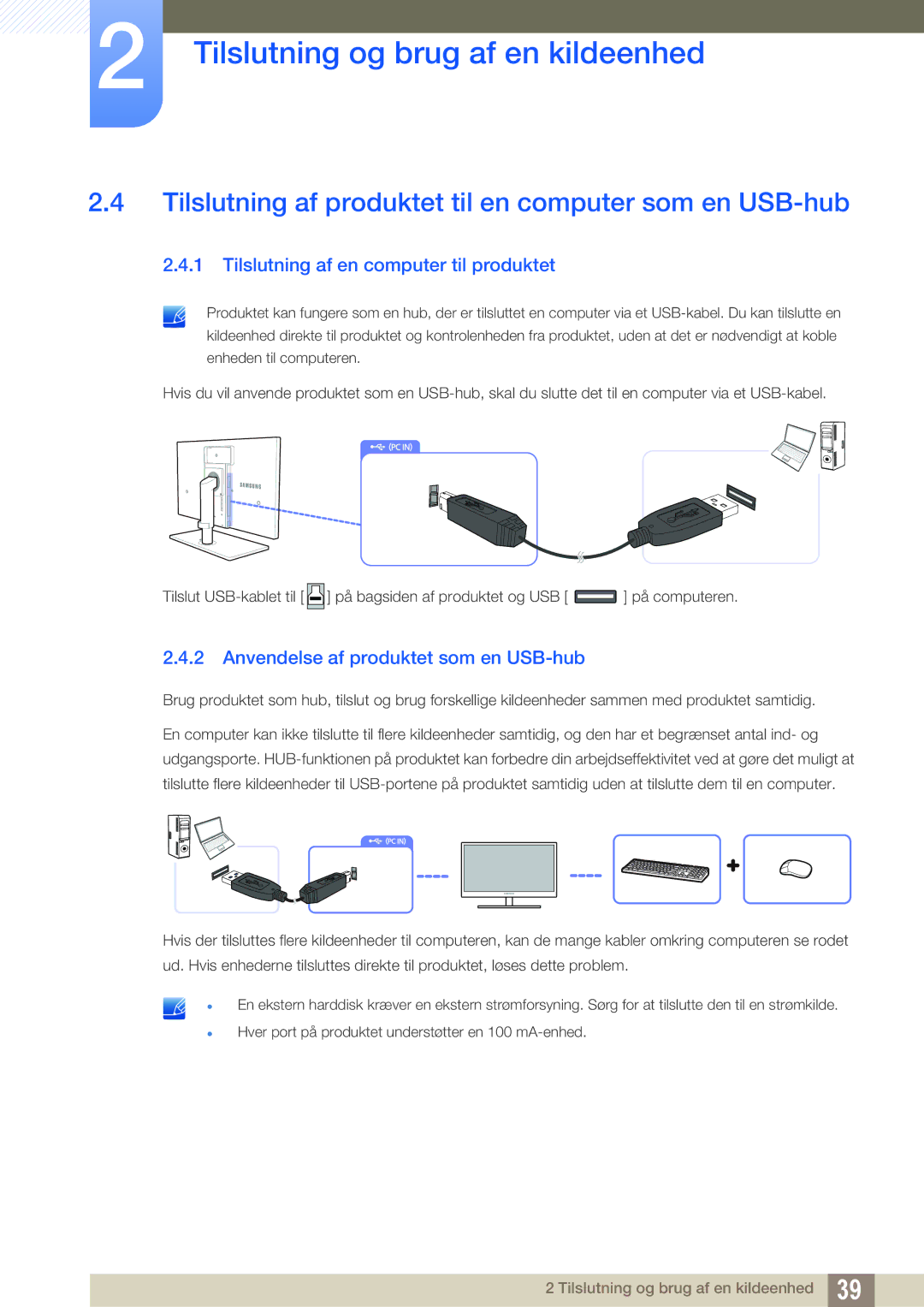 Samsung LS24A650SS/EN Tilslutning af produktet til en computer som en USB-hub, Tilslutning af en computer til produktet 