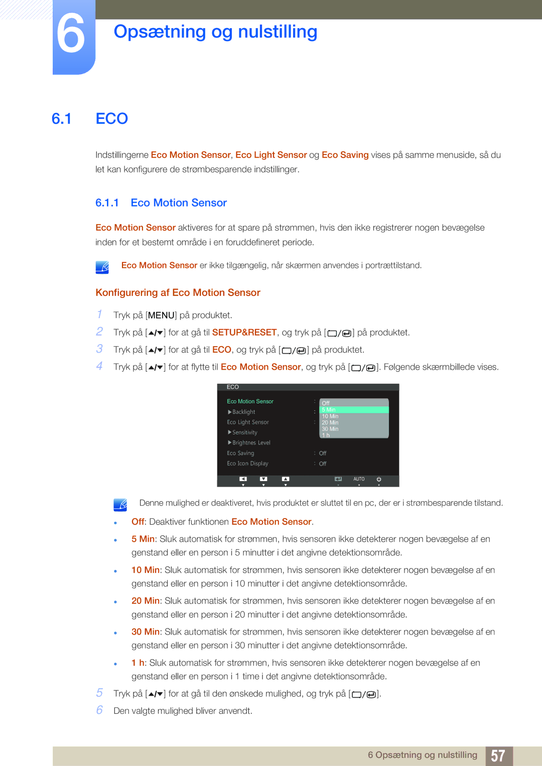 Samsung LS24A650SS/EN manual Opsætning og nulstilling, Konfigurering af Eco Motion Sensor 