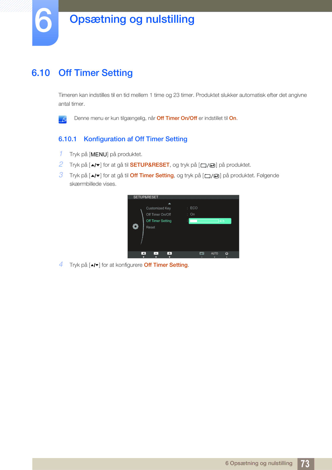 Samsung LS24A650SS/EN manual Konfiguration af Off Timer Setting 