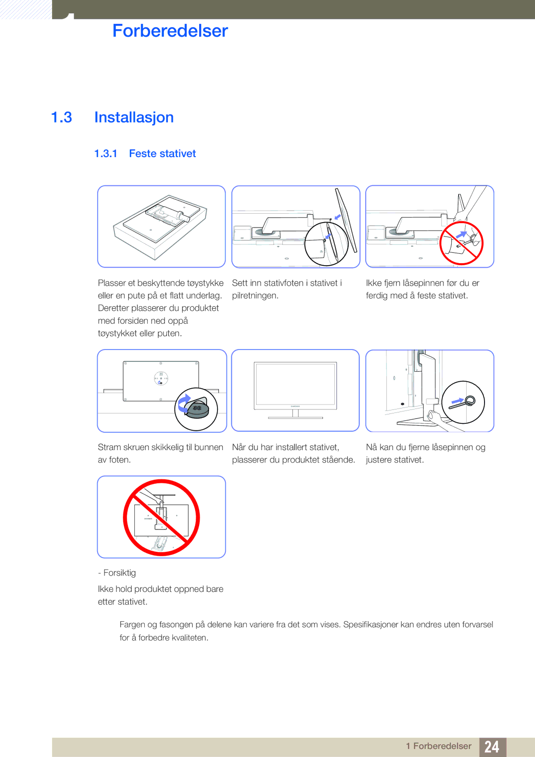 Samsung LS24A650SS/EN manual Installasjon, Feste stativet 