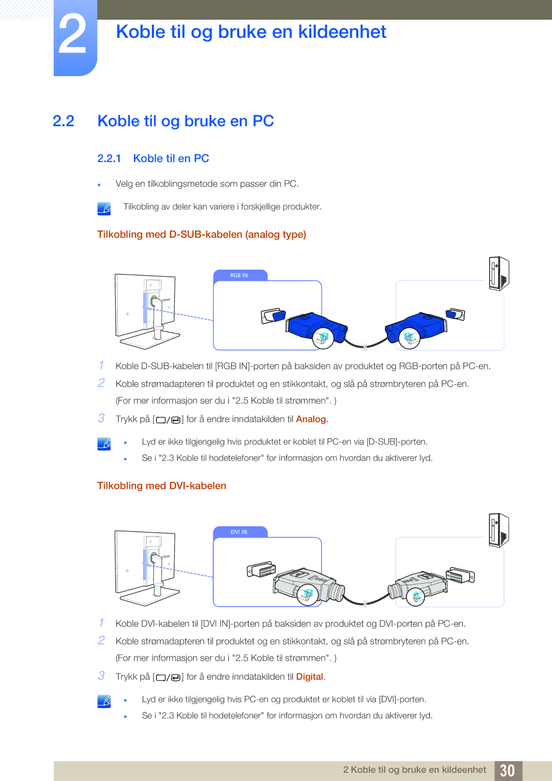 Samsung LS24A650SS/EN manual Koble til og bruke en PC, Koble til en PC, Tilkobling med D-SUB-kabelen analog type 