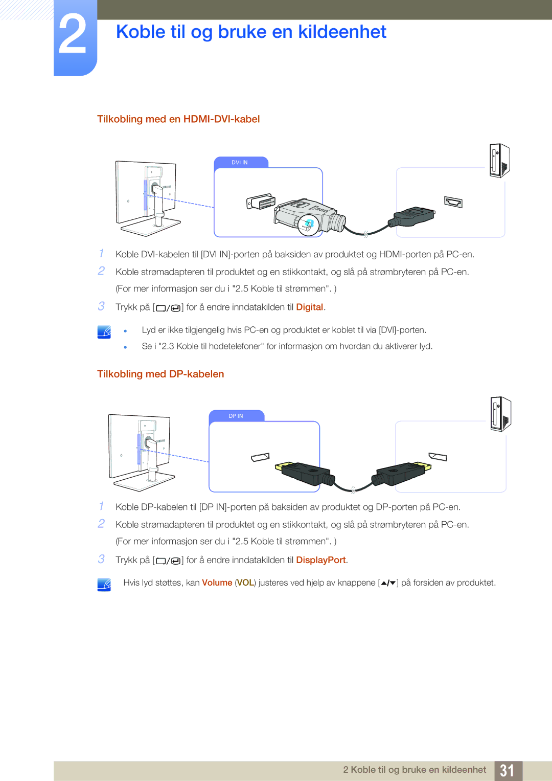 Samsung LS24A650SS/EN manual Tilkobling med en HDMI-DVI-kabel, Tilkobling med DP-kabelen 