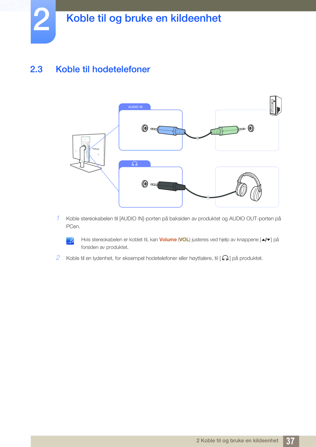 Samsung LS24A650SS/EN manual Koble til hodetelefoner 