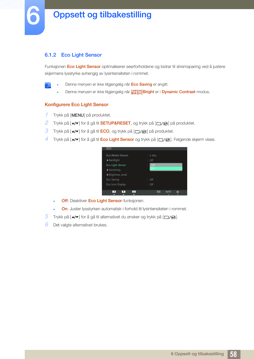 Samsung LS24A650SS/EN manual Konfigurere Eco Light Sensor 