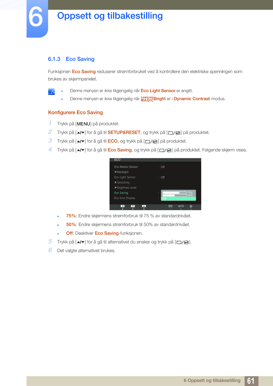 Samsung LS24A650SS/EN manual Konfigurere Eco Saving 