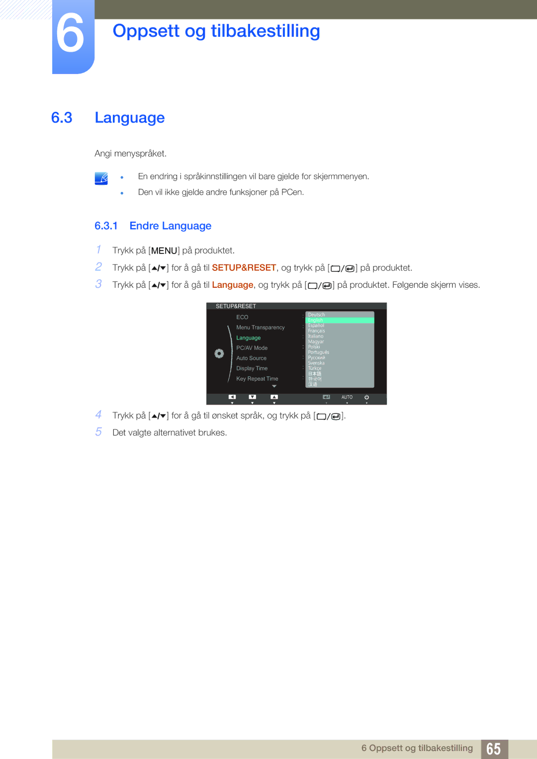 Samsung LS24A650SS/EN manual Endre Language 