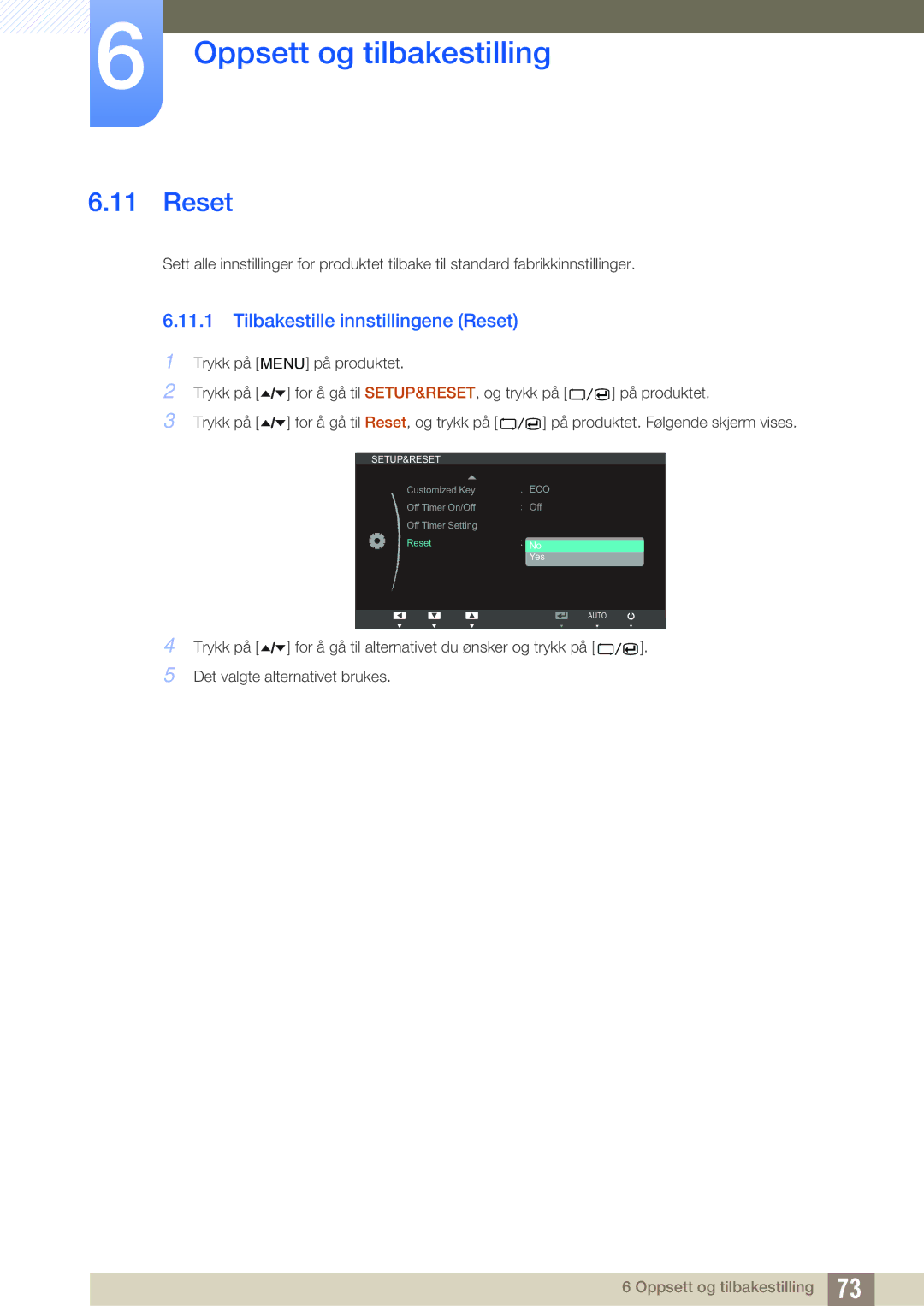 Samsung LS24A650SS/EN manual Tilbakestille innstillingene Reset 