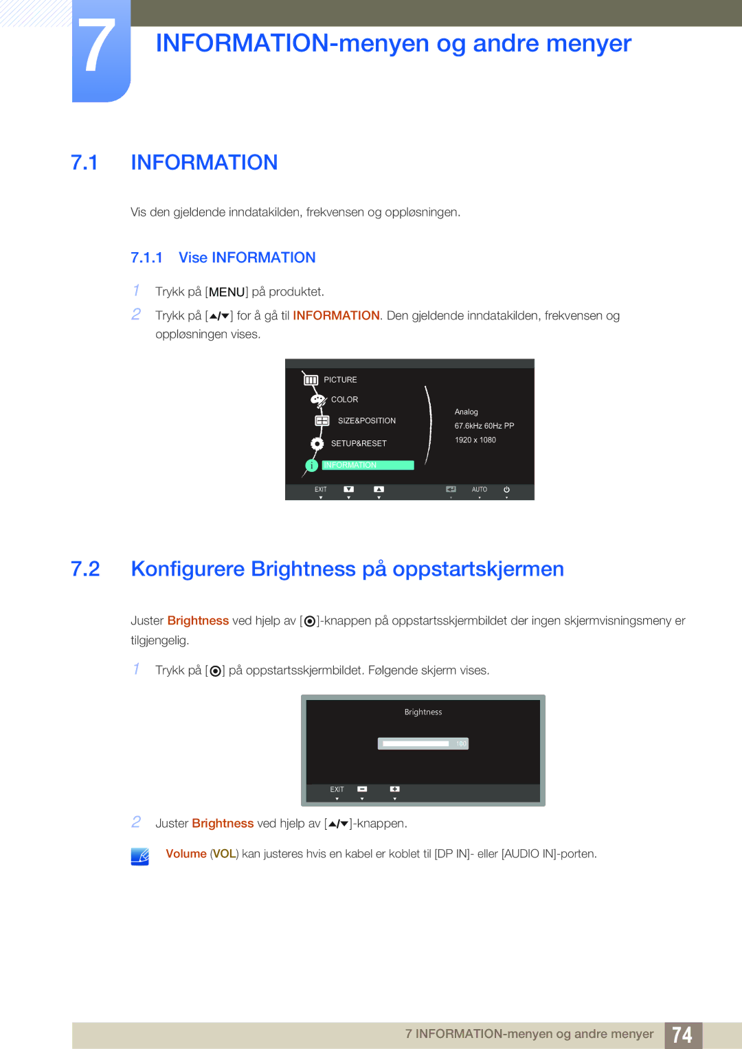 Samsung LS24A650SS/EN INFORMATION-menyen og andre menyer, Konfigurere Brightness på oppstartskjermen, Vise Information 