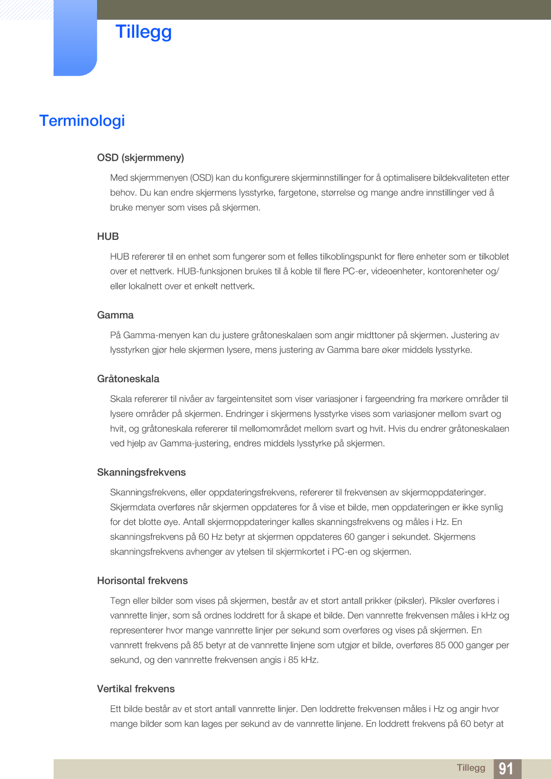 Samsung LS24A650SS/EN manual Terminologi, OSD skjermmeny 