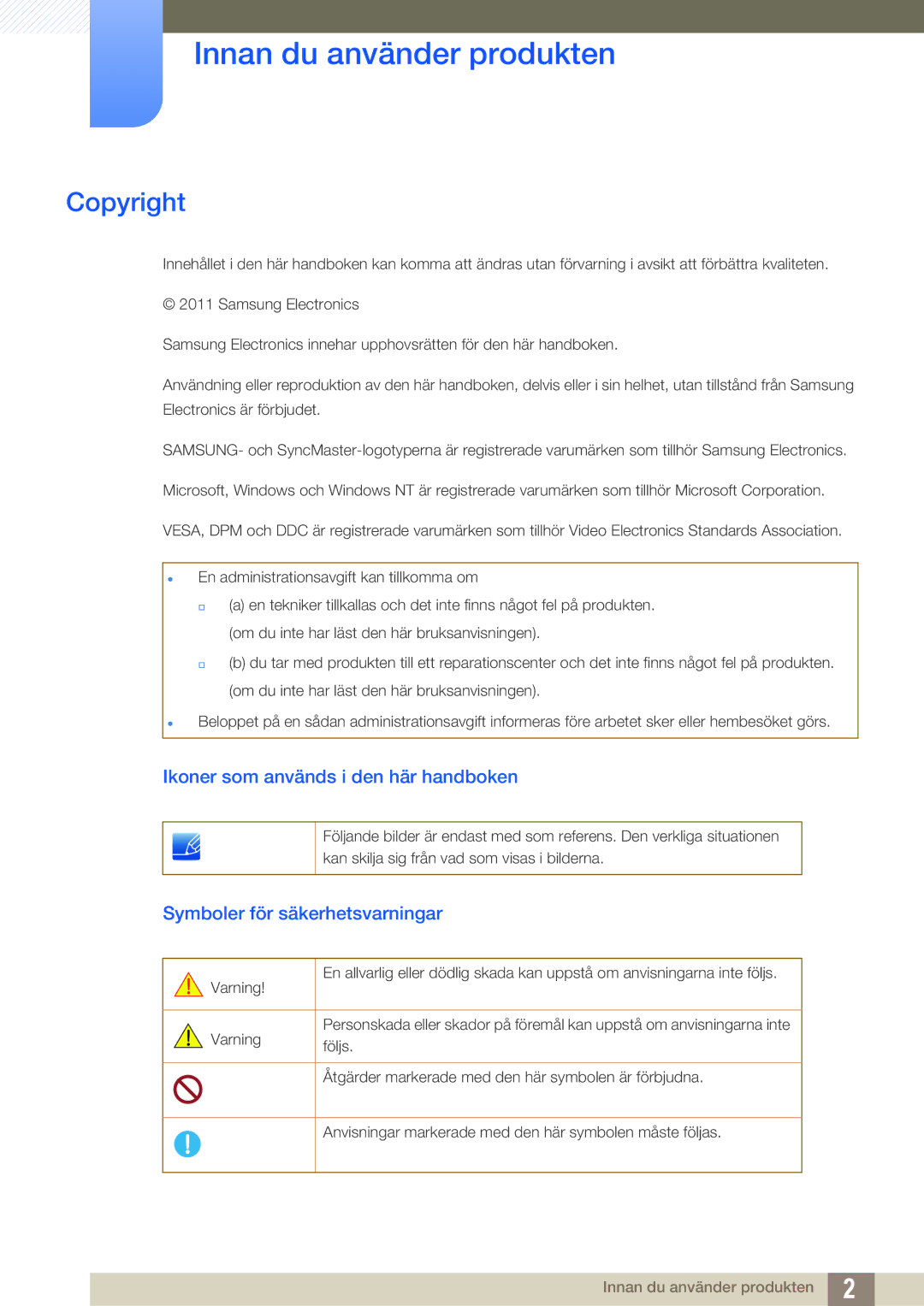 Samsung LS24A650SS/EN manual Innan du använder produkten, Copyright, Ikoner som används i den här handboken 