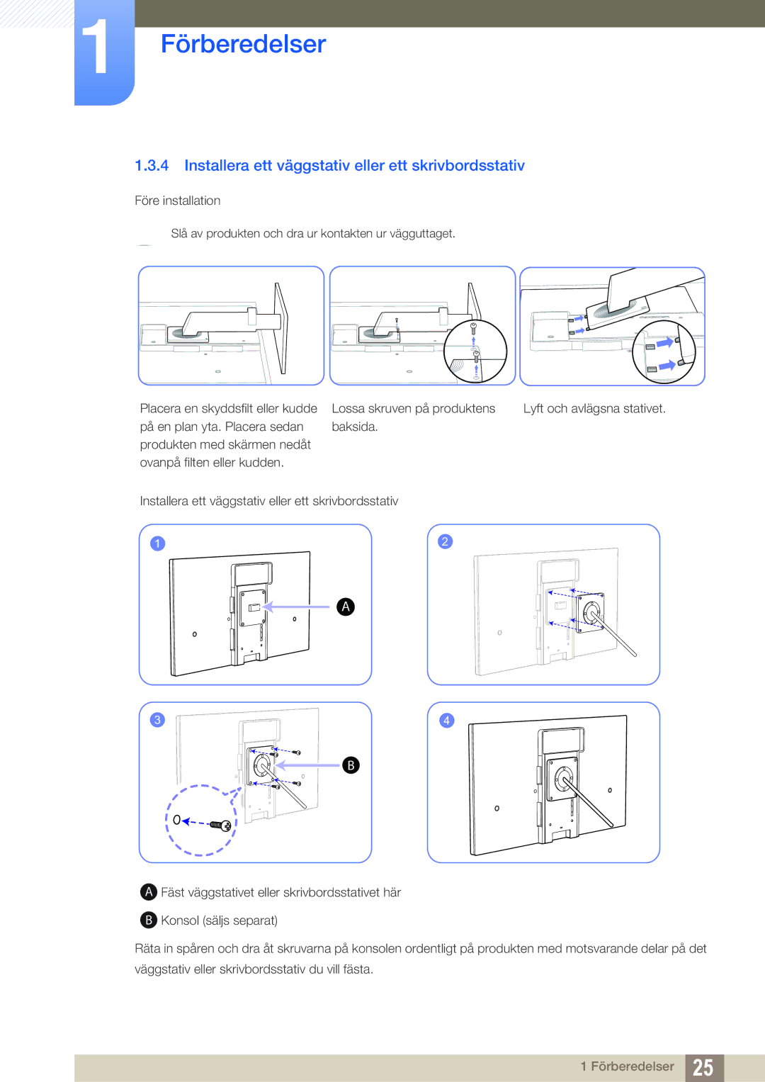 Samsung LS24A650SS/EN manual Installera ett väggstativ eller ett skrivbordsstativ 