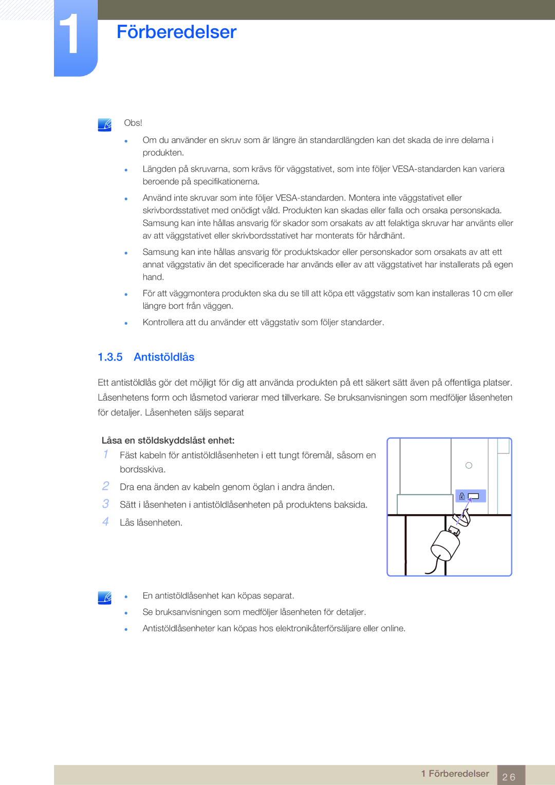 Samsung LS24A650SS/EN manual Antistöldlås 