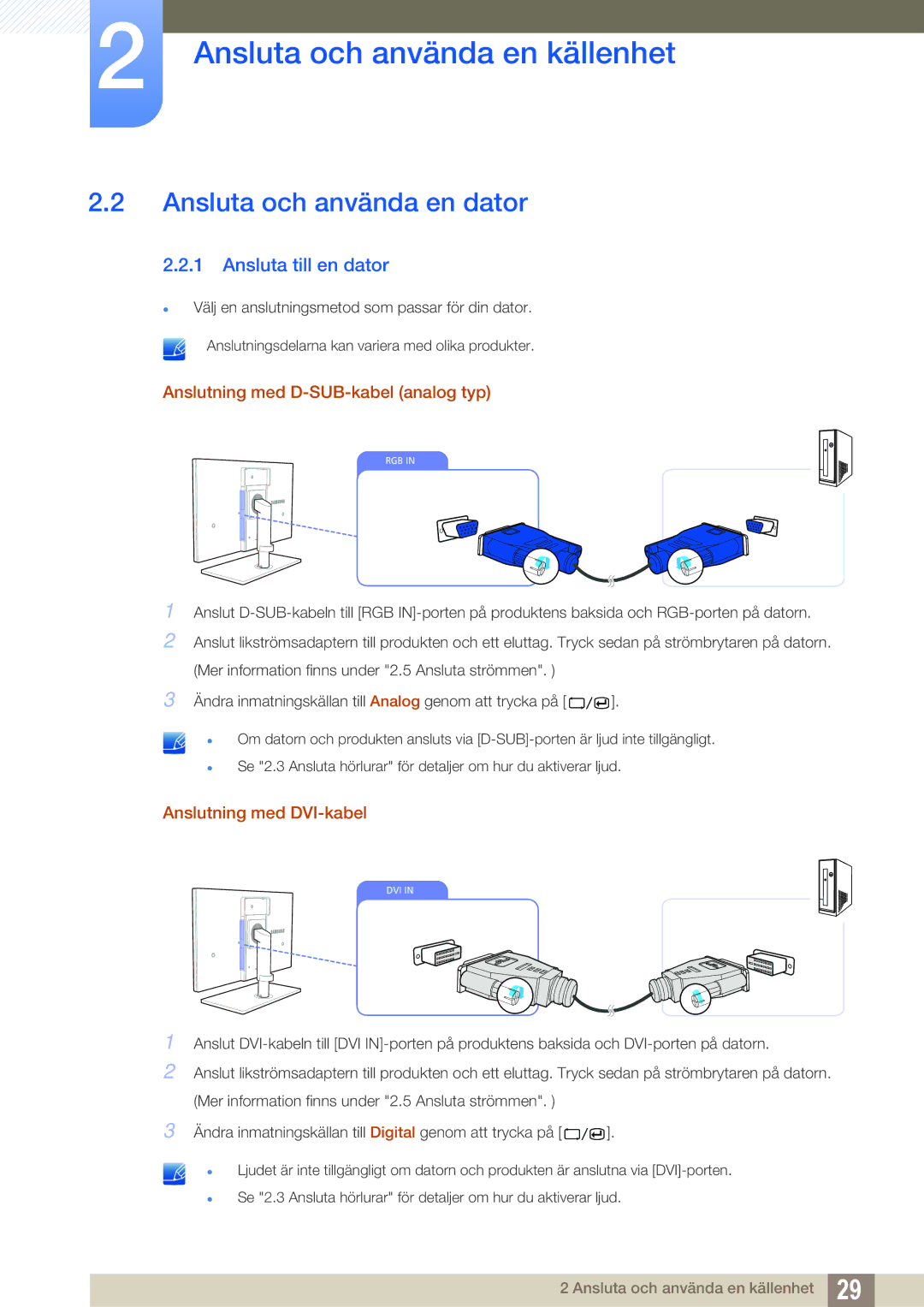 Samsung LS24A650SS/EN manual Ansluta och använda en dator, Ansluta till en dator, Anslutning med D-SUB-kabel analog typ 