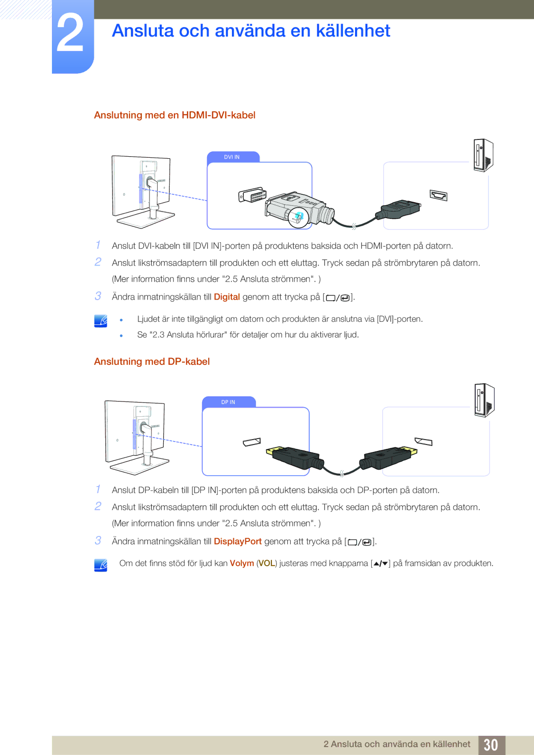 Samsung LS24A650SS/EN manual Anslutning med en HDMI-DVI-kabel, Anslutning med DP-kabel 