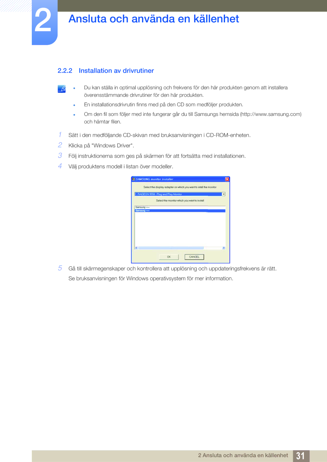 Samsung LS24A650SS/EN manual Installation av drivrutiner 