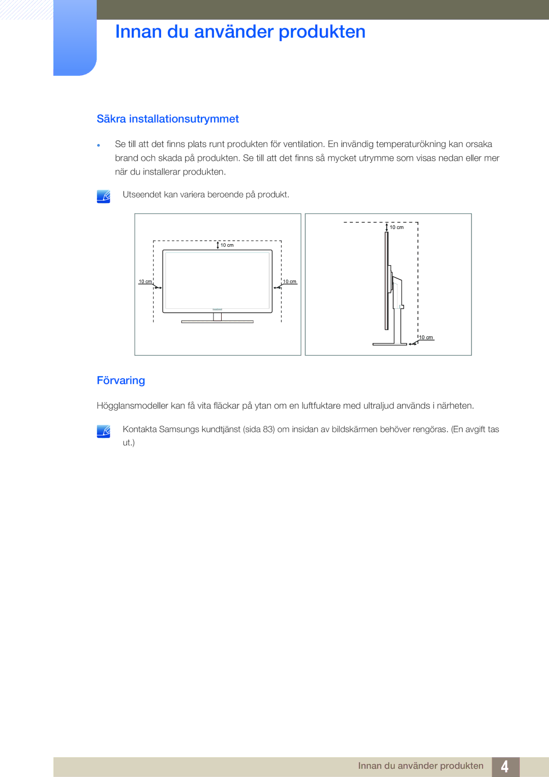 Samsung LS24A650SS/EN manual Säkra installationsutrymmet, Förvaring 