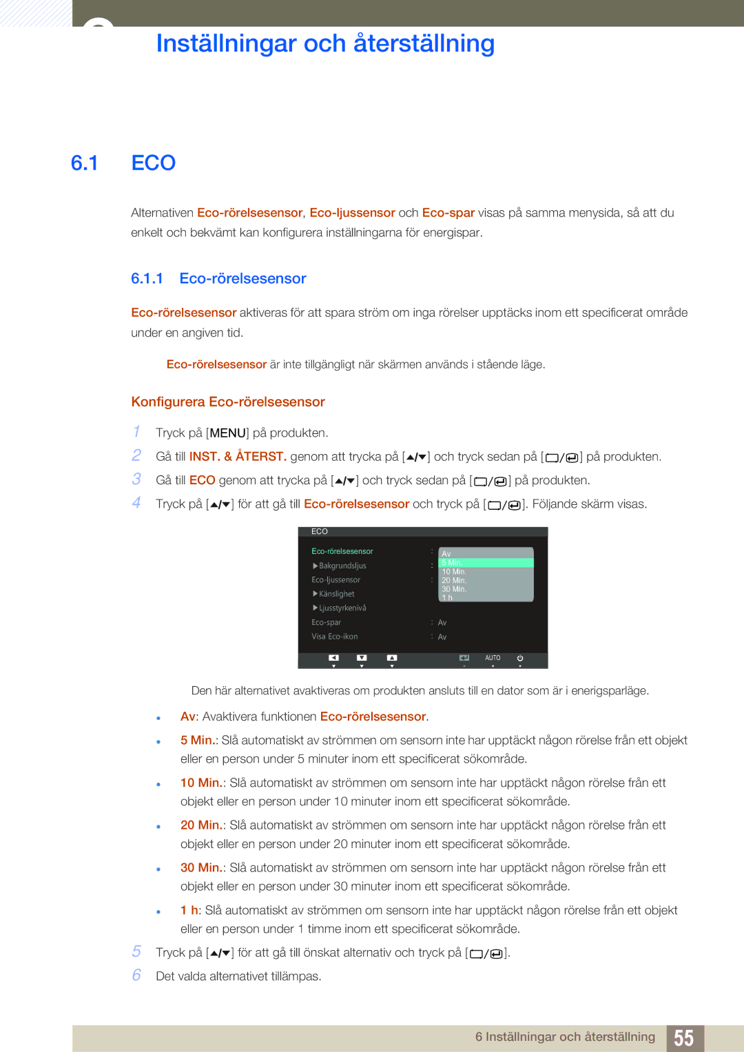 Samsung LS24A650SS/EN manual Inställningar och återställning, Konfigurera Eco-rörelsesensor 