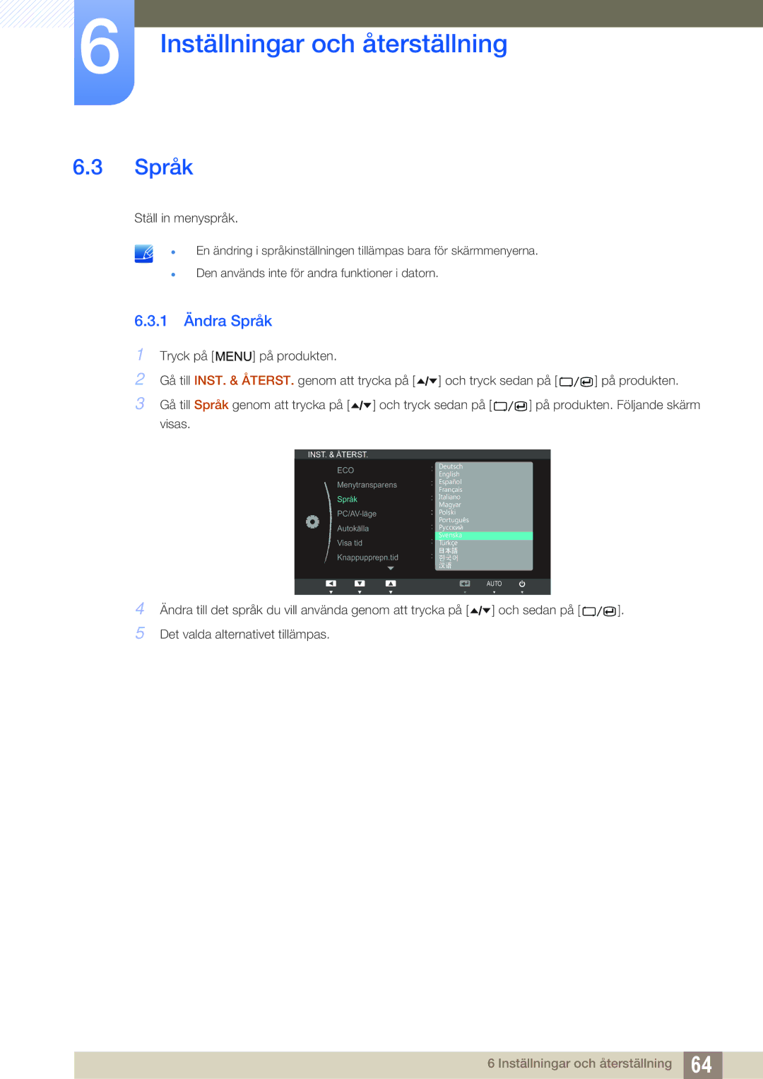 Samsung LS24A650SS/EN manual 1 Ändra Språk 