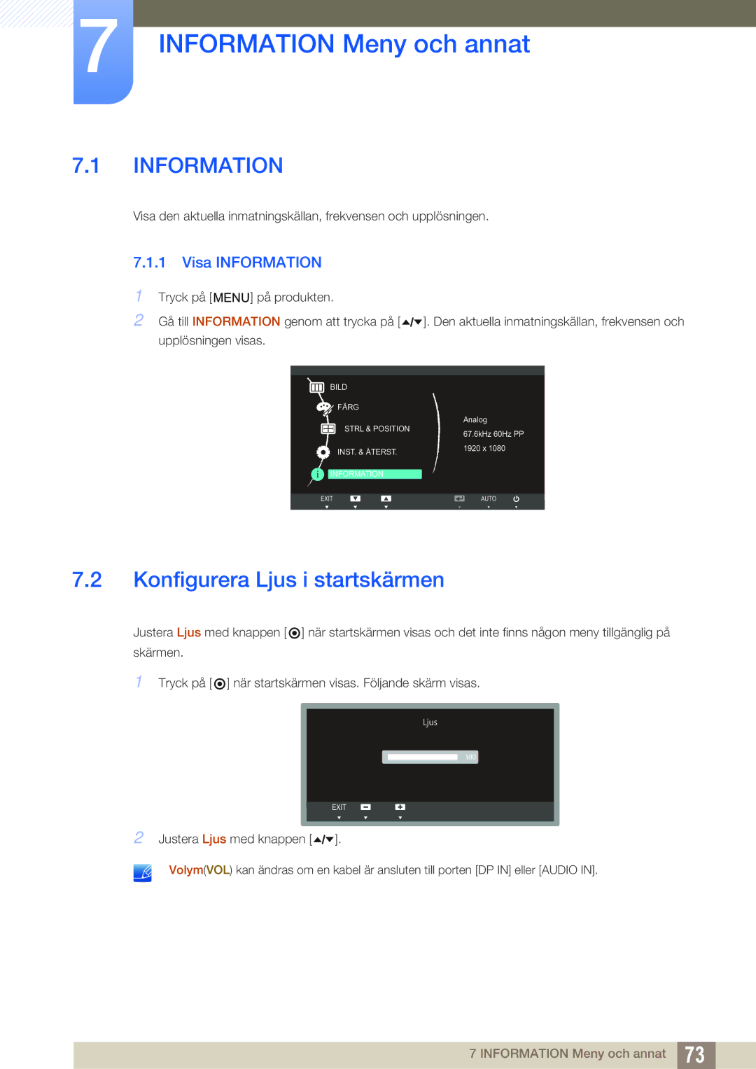 Samsung LS24A650SS/EN manual Information Meny och annat, Konfigurera Ljus i startskärmen, Visa Information 