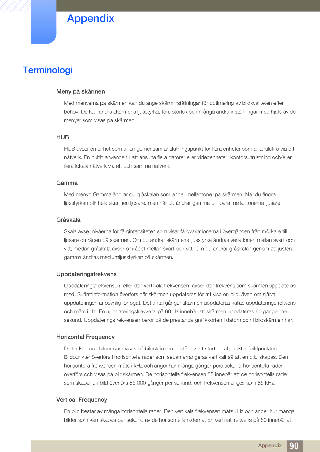 Samsung LS24A650SS/EN manual Terminologi, Meny på skärmen 