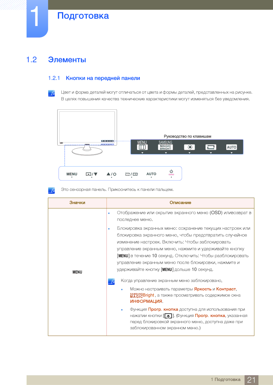 Samsung LS24B150BL/CI manual Элементы, 1 Кнопки на передней панели 