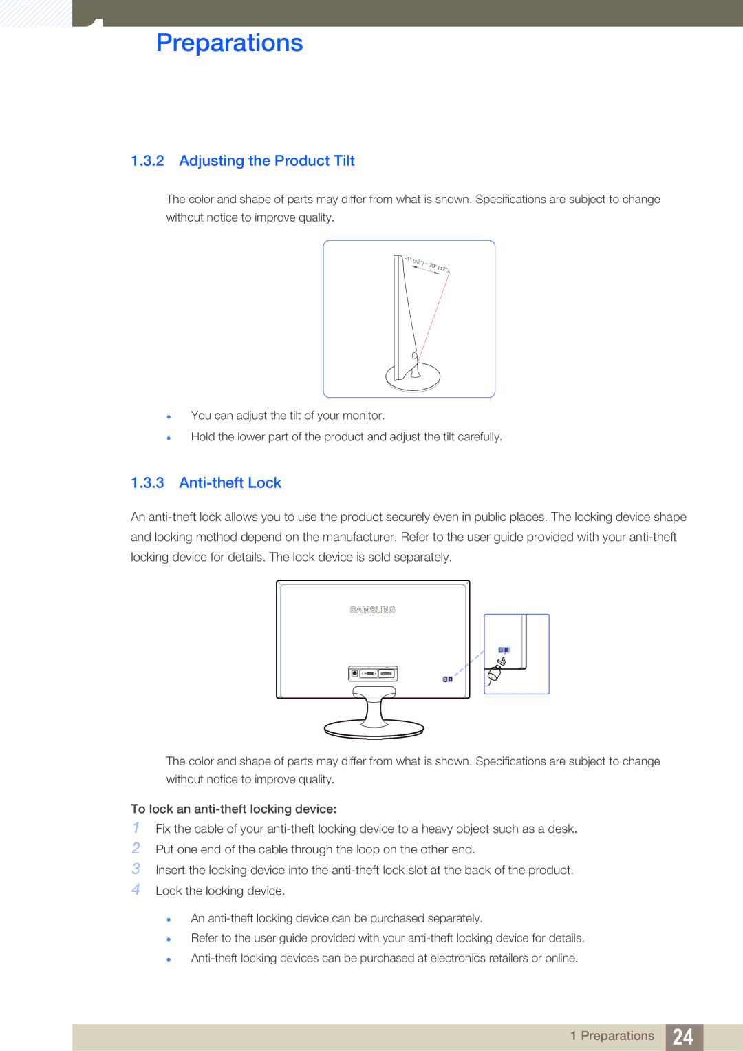 Samsung LS24B150BL/EN, LS19B150BSMXV, LS24B150BL/CI manual Adjusting the Product Tilt, Anti-theft Lock 