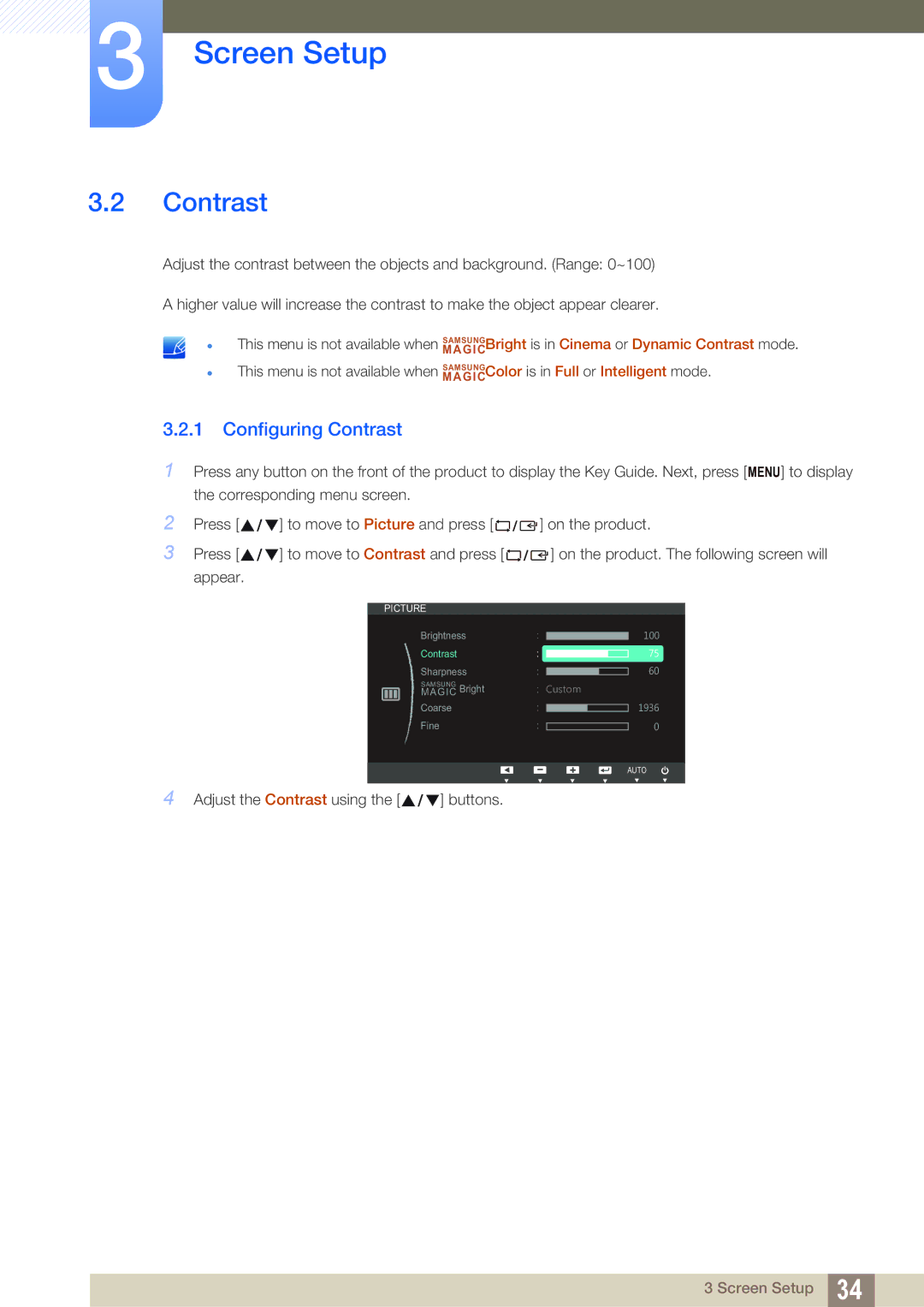 Samsung LS19B150BSMXV, LS24B150BL/EN, LS24B150BL/CI manual Configuring Contrast 