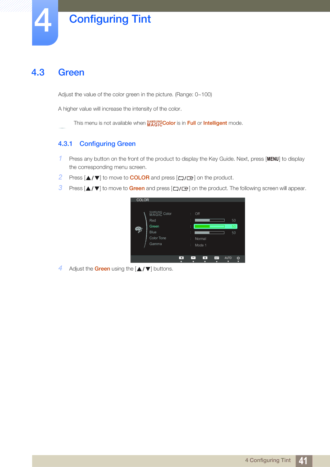 Samsung LS24B150BL/CI, LS24B150BL/EN, LS19B150BSMXV manual Configuring Green 