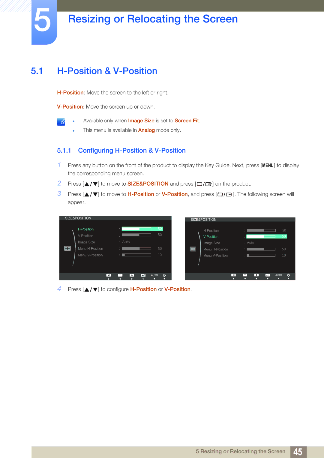 Samsung LS24B150BL/EN, LS19B150BSMXV manual Resizing or Relocating the Screen, Configuring H-Position & V-Position 