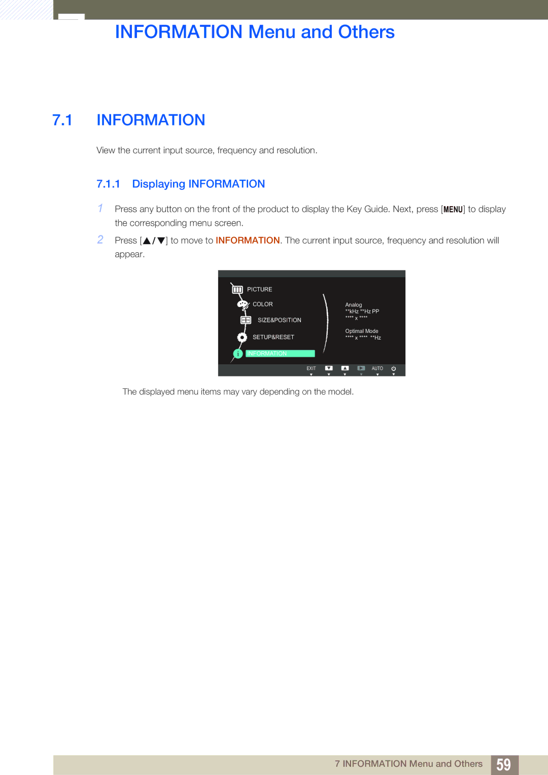 Samsung LS24B150BL/CI, LS24B150BL/EN, LS19B150BSMXV manual Information Menu and Others, Displaying Information 