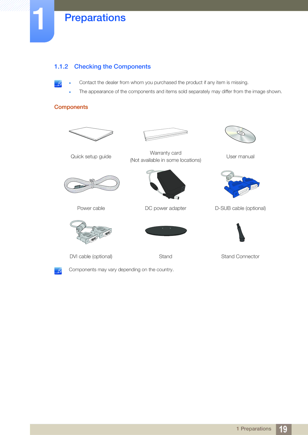 Samsung LS19B150BSMXV, LS24B150BL/EN, LS24B150BL/CI manual Checking the Components 