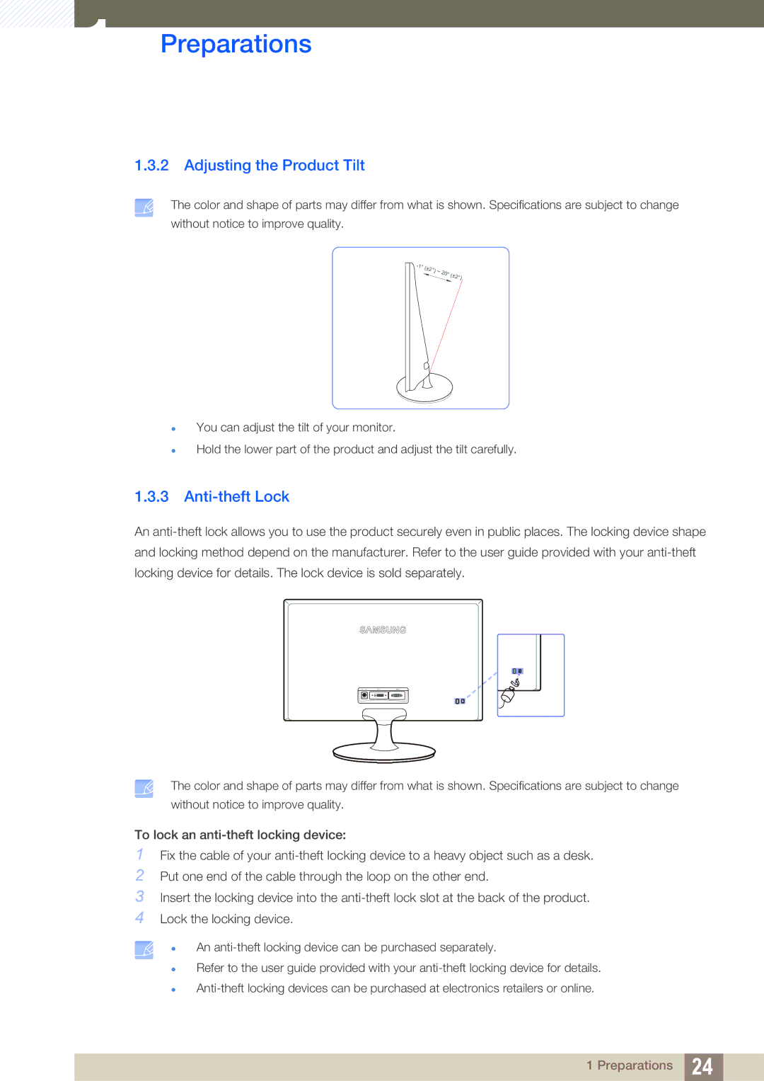 Samsung LS24B150BL/EN, LS19B150BSMXV, LS24B150BL/CI manual Adjusting the Product Tilt, Anti-theft Lock 