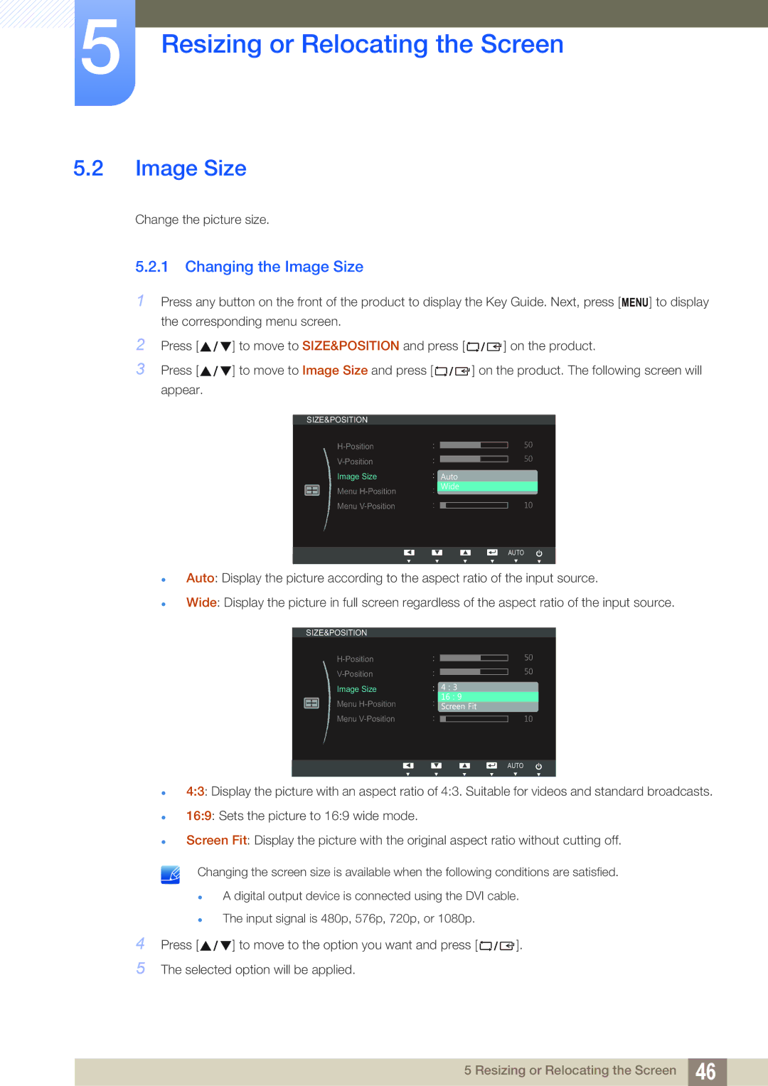 Samsung LS19B150BSMXV, LS24B150BL/EN, LS24B150BL/CI manual Changing the Image Size 